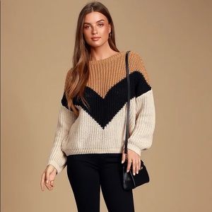 Lulus Autumn Leaves Tan Multi Chevron Stripe Knit Sweater